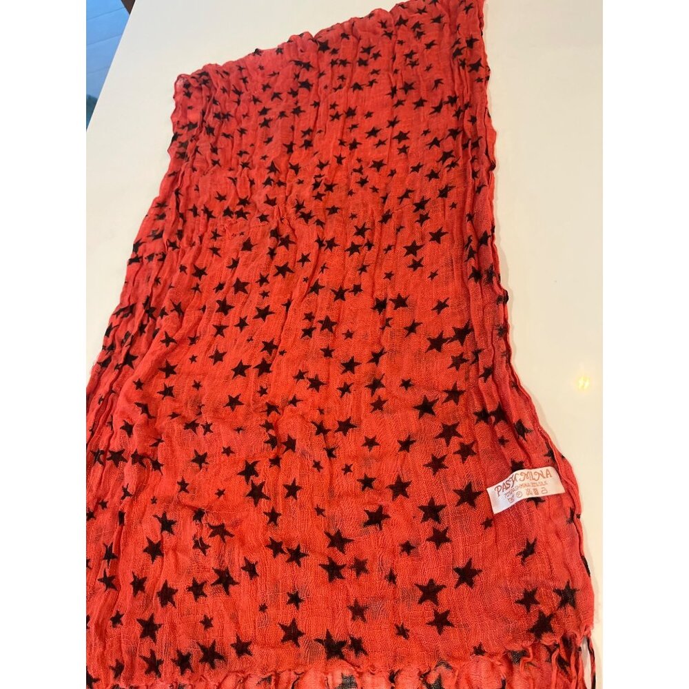Red Star Pattern Pashmina & Silk Blend Scarf With Fringe Edges Lightweight & Sof